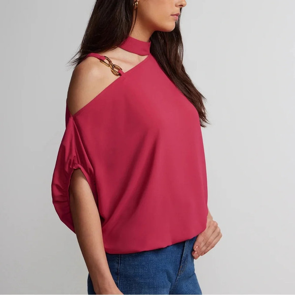 New York & Company Tops - New York Company Cold Shoulder Fuchsia Top Blouse NEW L/XL Trendy Feminine
